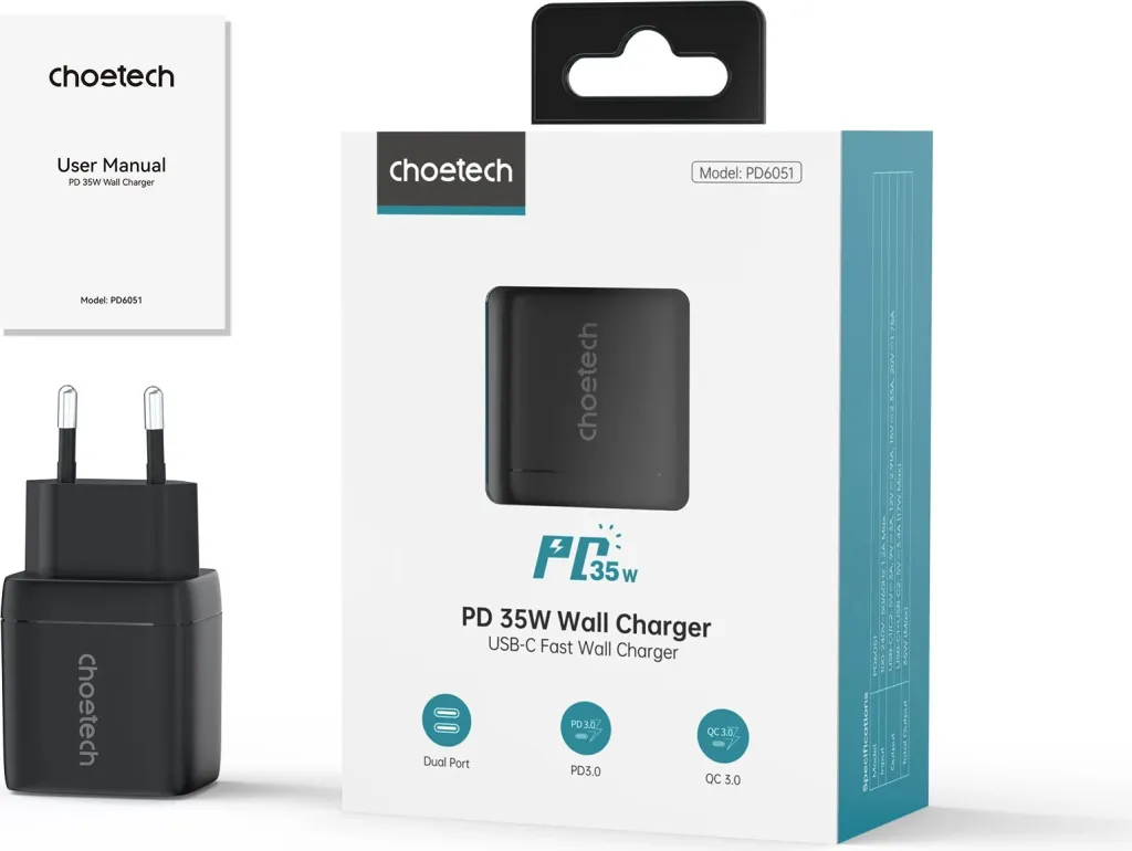 Karikues muri Choetech PD6051, 35W, 2x USB-C, me ekran, zi - 4