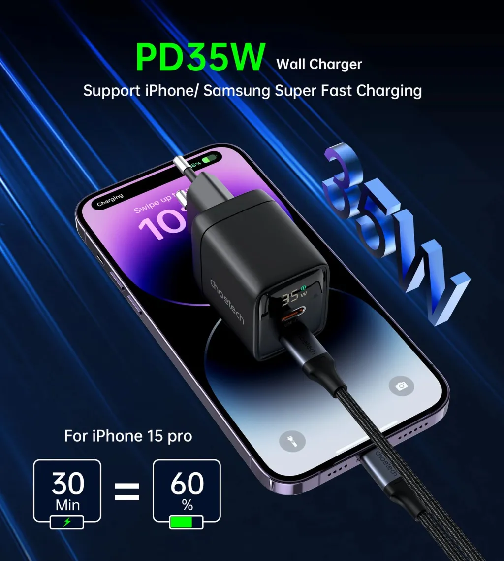 Karikues muri Choetech PD6051, 35W, 2x USB-C, me ekran, zi - 5