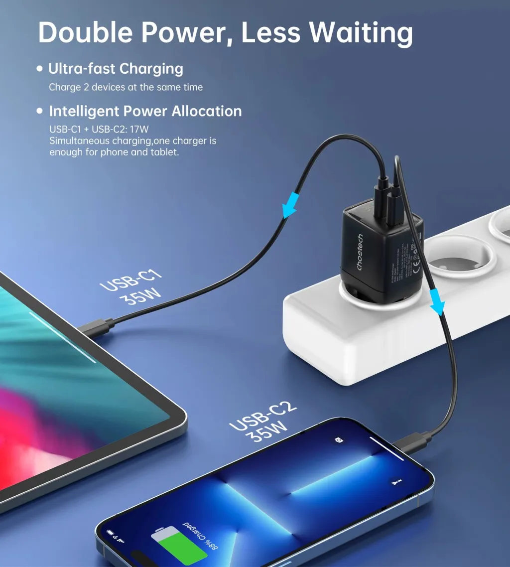 Karikues muri Choetech PD6051, 35W, 2x USB-C, me ekran, zi - 6