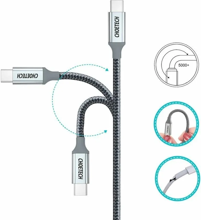 Kabllo USB-C në USB-C Choetech XCC-1002-GY, 1.8m, 100W, Gri - 8