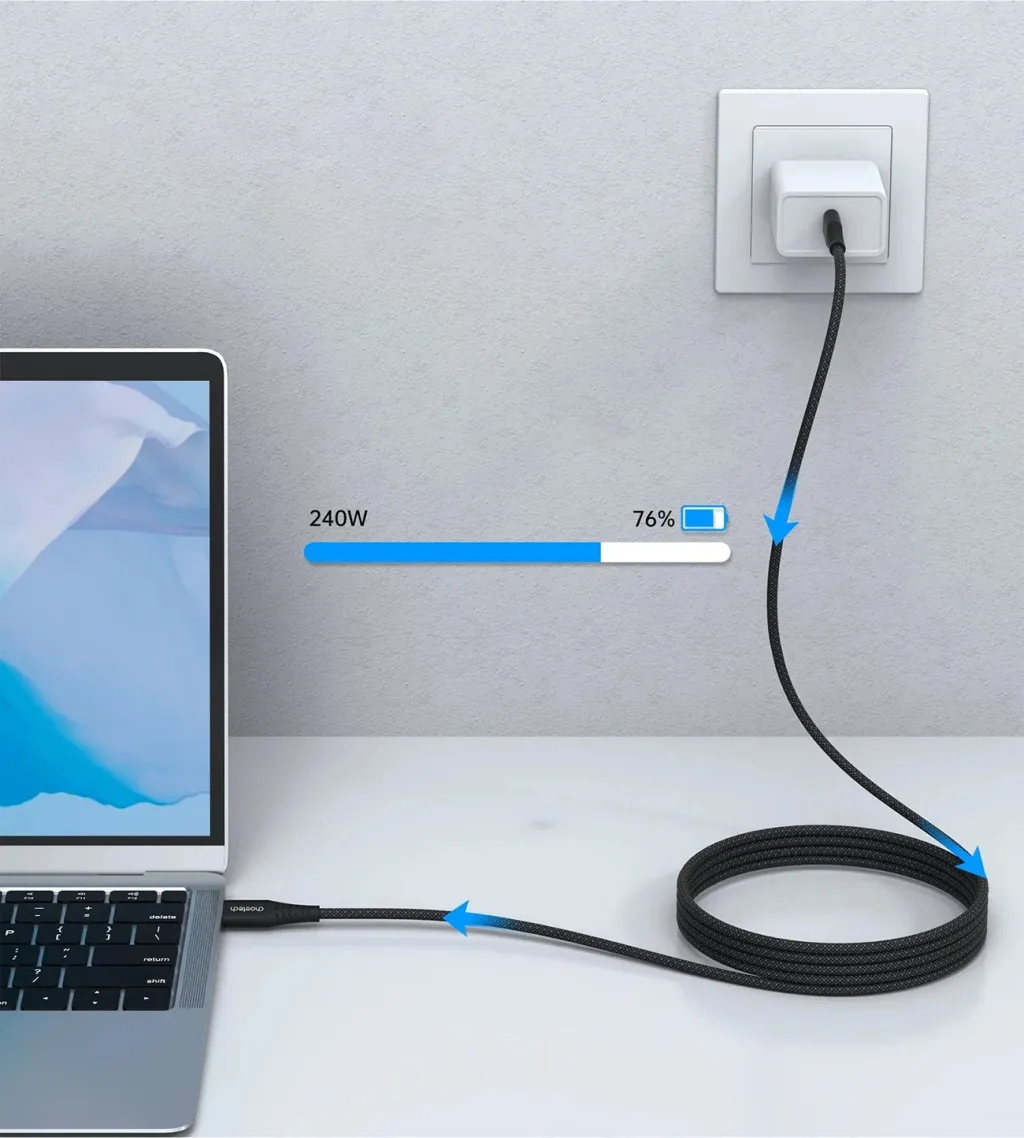 Kabllo USB-C në USB-C Choetech XCC-1051, 1.8m, 240W, e zezë - 7