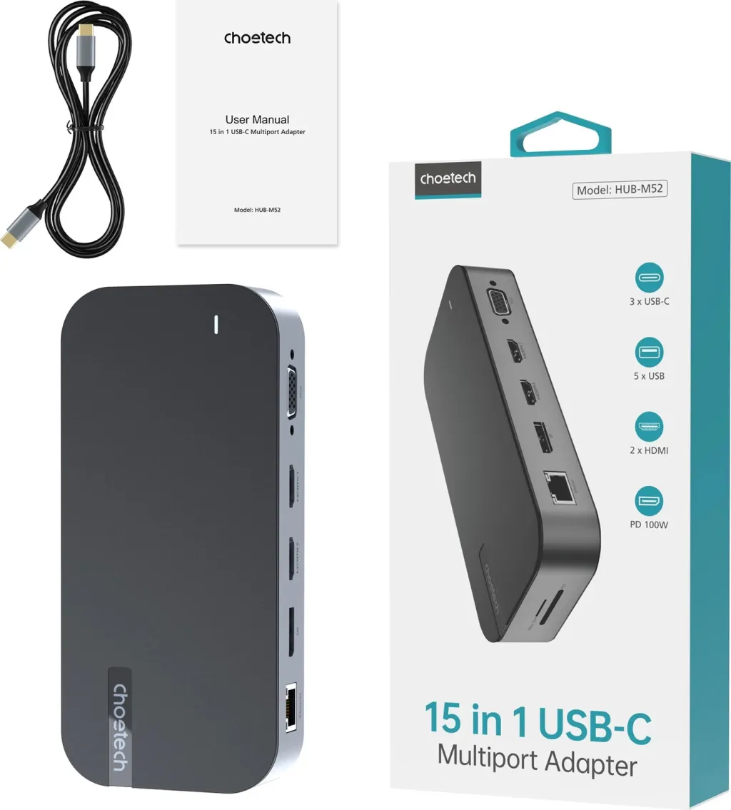 Kasë Choetech HUB-M52, USB-C, HDMI, VGA, DP, SD, RJ45, Gri - 4