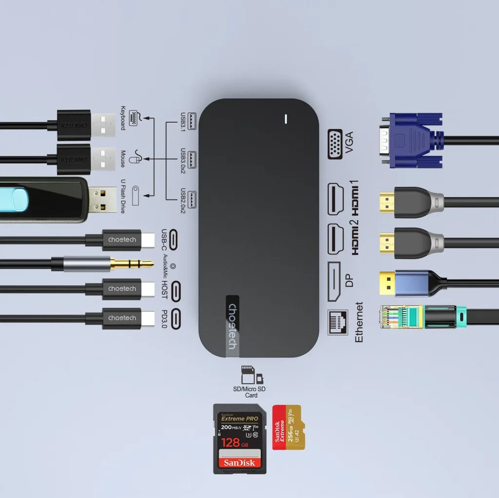Kasë Choetech HUB-M52, USB-C, HDMI, VGA, DP, SD, RJ45, Gri - 5