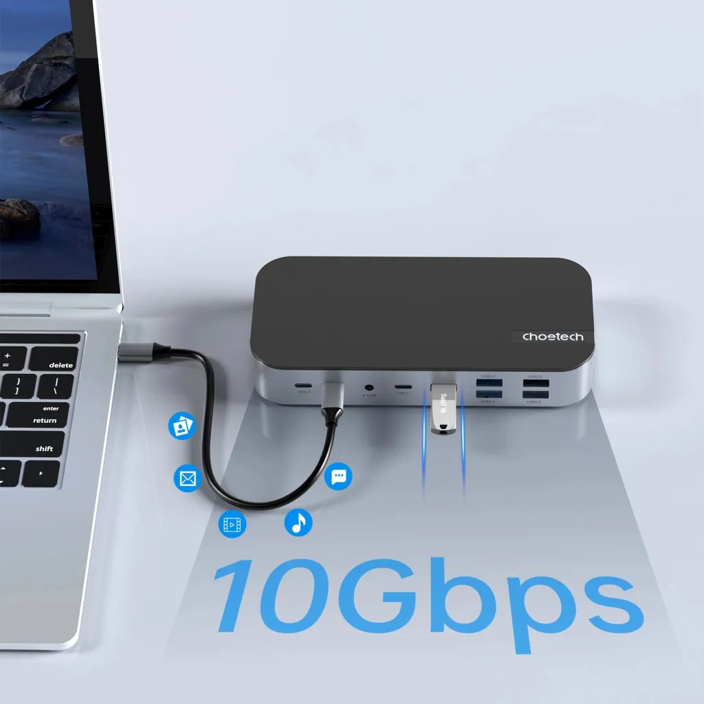 Kasë Choetech HUB-M52, USB-C, HDMI, VGA, DP, SD, RJ45, Gri - 7