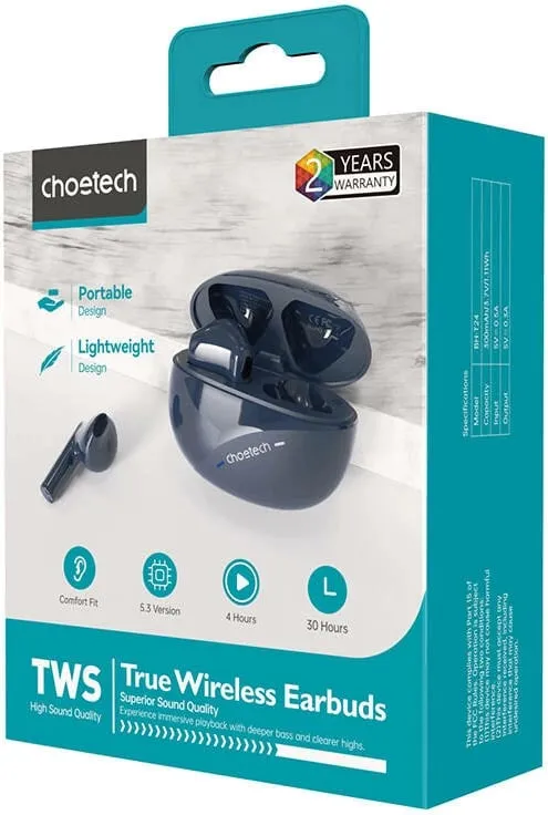 Kufje TWS Choetech BH-T24, Bluetooth 5.3, me mikrofon, Blu e errët - 4