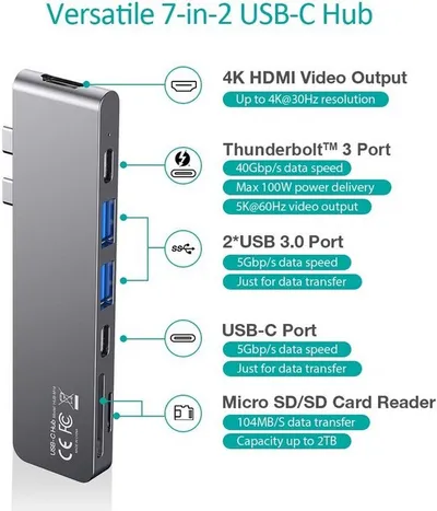 Docking station Choetech HUB-M14 për MacBook Pro/Air, 7-në-2 USB-C, Thunderbolt 3, argjendtë - 10