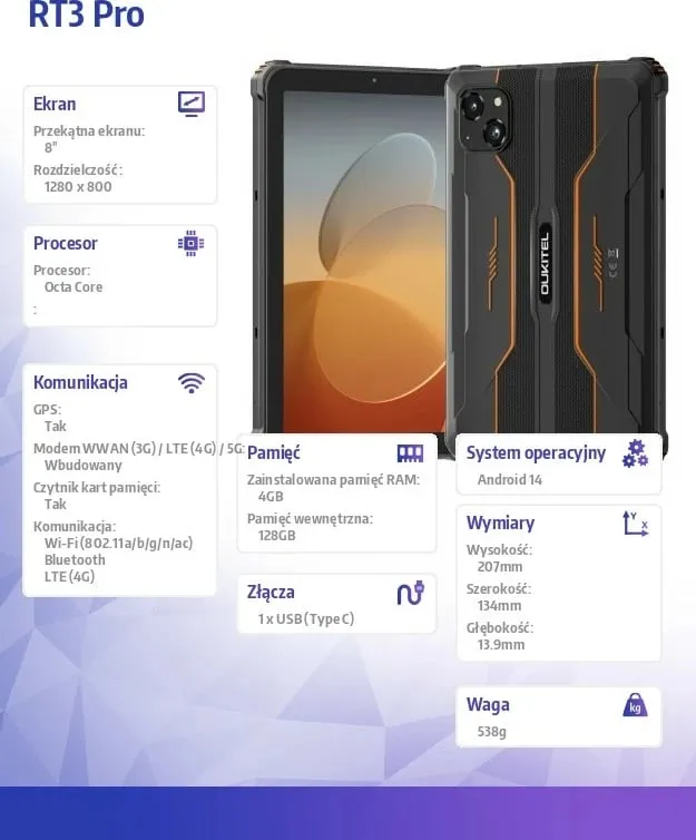 Tablet RT3 Pro, 8", 4G, 4/128GB, portokalli - 1