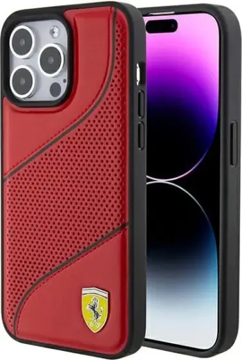 Mbështjellës Ferrari Perforated Waves Metal Logo për iPhone 15 Pro, i zi