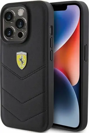 Mbështjellës Ferrari Quilted Metal Logo për iPhone 15, eko-lëkurë, i zi