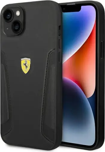 Maskë telefoni Ferrari për iPhone 14 Plus 6.7", hardcase lëkurë, e zezë