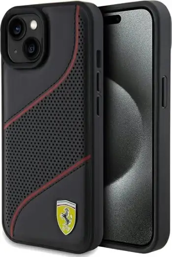 Mbështjellës Ferrari Perforated Waves Metal Logo për iPhone 15/14/13, e zezë