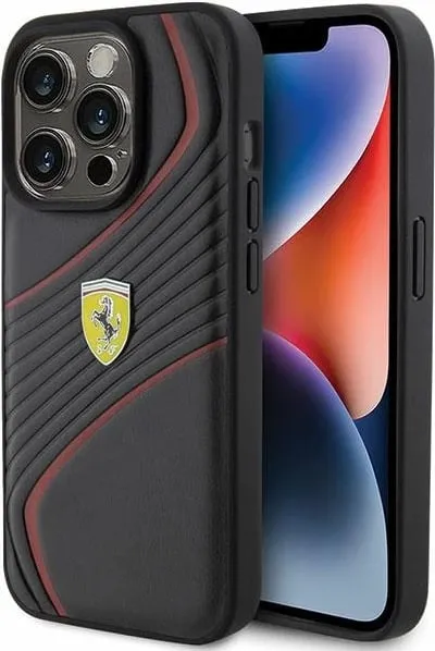 Mbulesë telefoni Ferrari Twist Metal Logo për iPhone 15 Pro 6.1", plastike, e zezë - 1