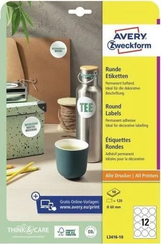 Etiketa rrethore letre Avery Zweckform, diametër 60mm, A4, të bardha - 2
