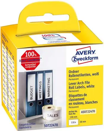 Etiketa në rrotullë Avery Zweckform AS0722470, 190x38mm, 110 etiketa, të bardha