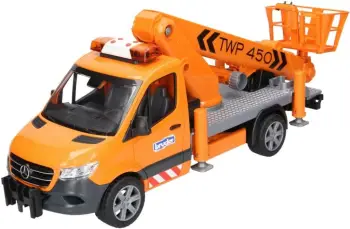 Furgon lodër Bruder Mercedes Benz Sprinter, shkallë 1:16, me platformë ngritëse me shportë, shumëngjyrësh