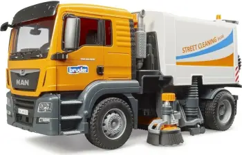 Lodër kamion pastrues rrugësh, Bruder MAN TGS, 1:16, 47 × 19 × 23 cm, i verdhë