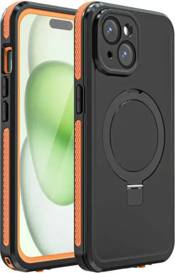 Mbështjellës i papërshkueshëm nga uji Telesin për iPhone 15, MagSafe, i zi-portokalli