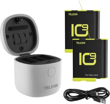 Karikues me kuti Telesin GP-BTR-905-GY-B për GoPro Hero 9 10 Black, 3 slote, 2 bateri 1750mAh, gri