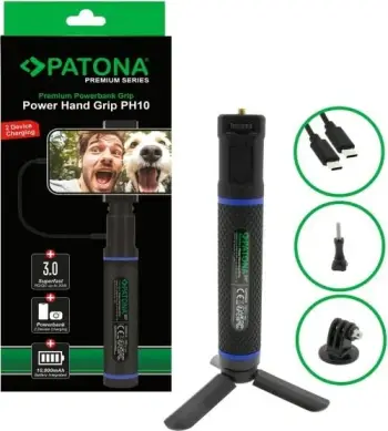 Dorezë me power bank PATONA Premium Grip Power Hand PH10, 10000mAh, USB C USB A, e zezë