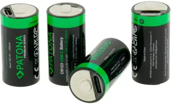 Bateri të rikarikueshme Patona Premium CR123A, set 4 copë, 2400mWh 3.0V, me kabllo USB-C