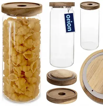 Enë kuzhine qelqi borosilikat me kapak druri akacie, mbyllje hermetike, transparente