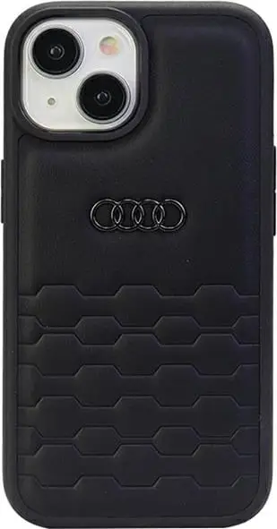Mbështjellës Audi GT për iPhone 15 Plus, lëkurë sintetike, i zi