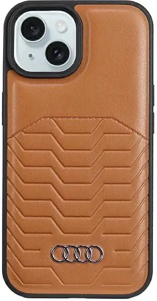 Mbështjellës Audi për iPhone 15 Pro, lëkurë sintetike, MagSafe, kafe