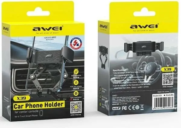 Mbajtëse telefoni për veturë Awei X39, gravitet, për grilë ajri, e zezë - 2