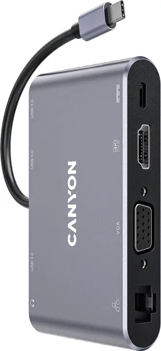 Replikator i portit CANYON DS-14 8v1, 1xUSB-C PD 100W, 1xHDMI (4K), VGA, 3xUSB-A 3.0, RJ45 Gb, 3.5mm jack