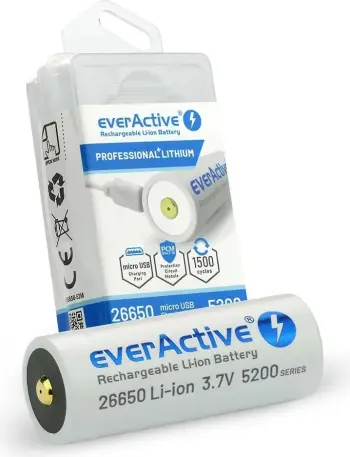 Bateri e rimbushshme EverActive 26650, 5200 mAh, 3.7V Li ion, me micro USB