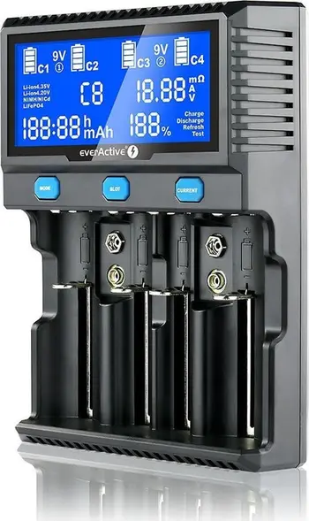 Karikues universal EverActive UC4200, 4 slote, për bateri Ni MH dhe Li ion, i zi