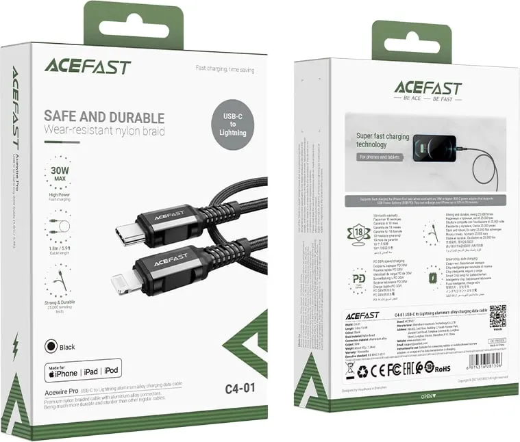 Kabllo Acefast C4-01, USB-C në Lightning, 1.8m, 30W, e zezë - 5