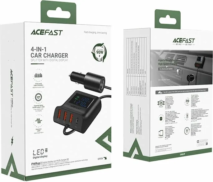 Karikues veture Acefast B8, 90W, 3x USB, 1x USB Type-C, me ekran, i zi - 5