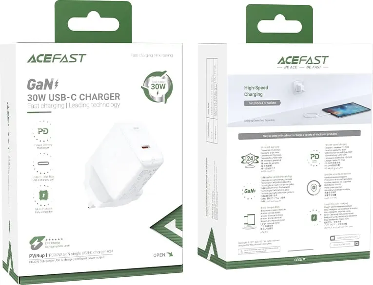 Karikues muri Acefast A24, USB-C, 30W, GaN, prizë UK, Bardhë - 5