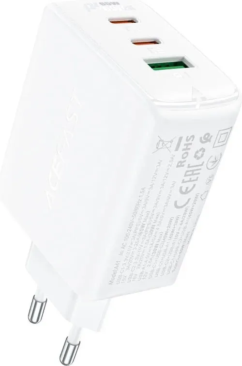 Karikues i shpejtë murit Acefast A41, 65W, 2x USB-C / USB-A, i bardhë - 1