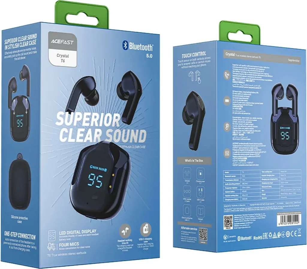 Kufje Acefast T6 TWS wireless, Bluetooth, me ekran LED, Blu - 6