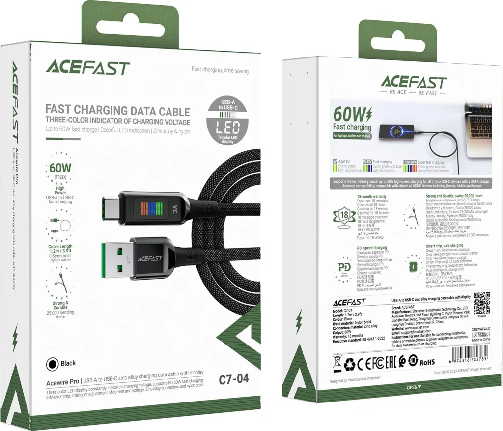 Kabllo Acefast C7-04 USB-A në USB-C, 1.2m, 60W, me ekran, e zezë - 7