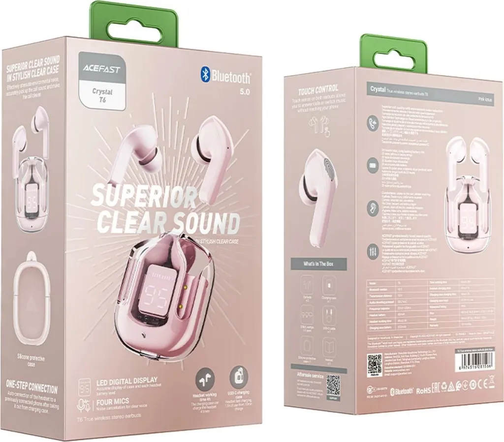 Kufje Acefast T6 TWS Bluetooth, in-ear, me ekran LED, rozë - 5