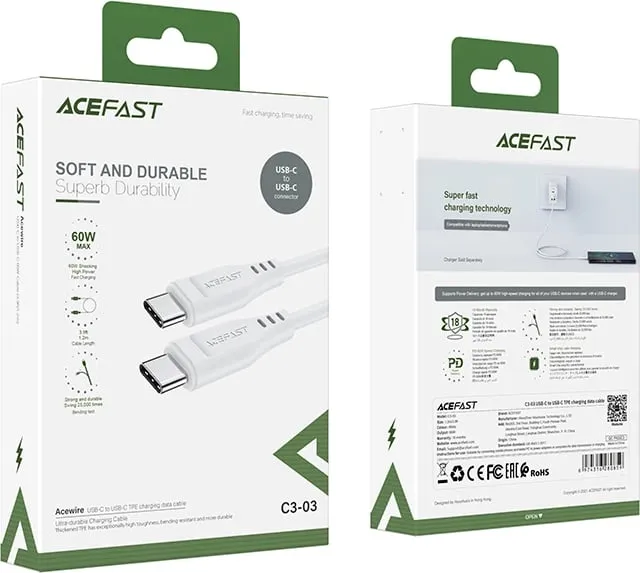 Kabllo Acefast C3-03 USB-C në USB-C, 1.2m, 60W, e bardhë - 4