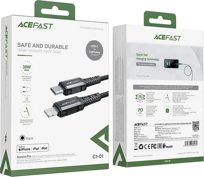 Kabllo Acefast C1-01 USB-C në Lightning, 1.2m, 30W, e zezë - 5