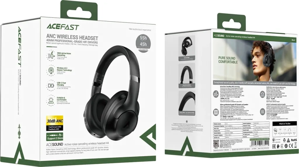 Kufje wireless Acefast H4, Bluetooth 5.3, ANC, IPX4, të zeza - 6