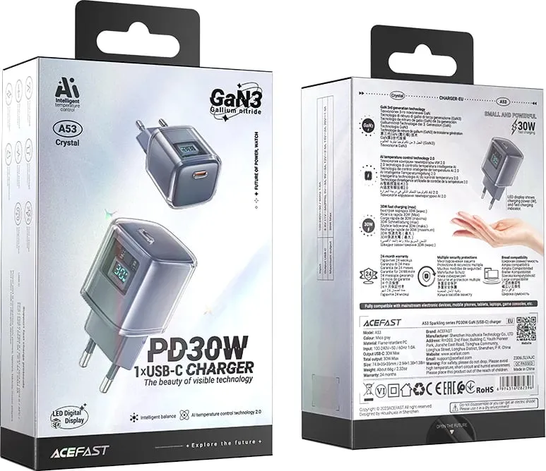 Karikues muri Acefast A53, 30W, USB-C, me ekran LED, Gri - 5