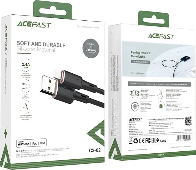 Kabllo Acefast C2-02, USB në Lightning, 1.2m, 2.4A, e zezë - 4