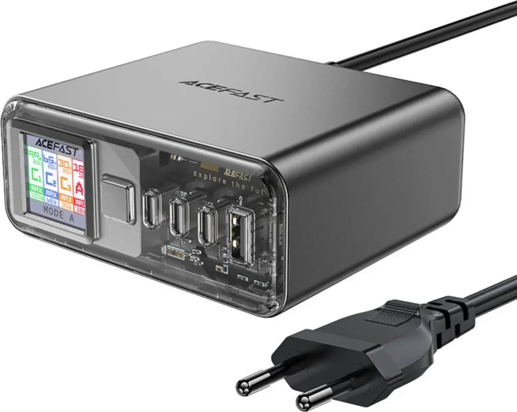 Adapter multifunksional Acefast Z4, 218W, 3x USB-C + 1x USB-A, ekran TFT, Gri - 1