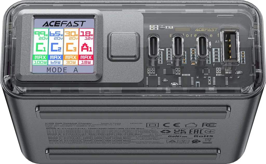 Adapter multifunksional Acefast Z4, 218W, 3x USB-C + 1x USB-A, ekran TFT, Gri - 2