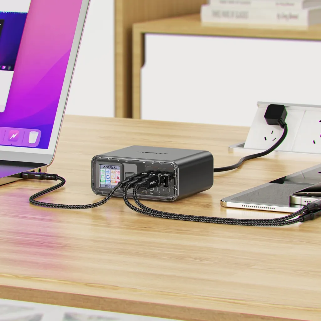 Adapter multifunksional Acefast Z4, 218W, 3x USB-C + 1x USB-A, ekran TFT, Gri - 9