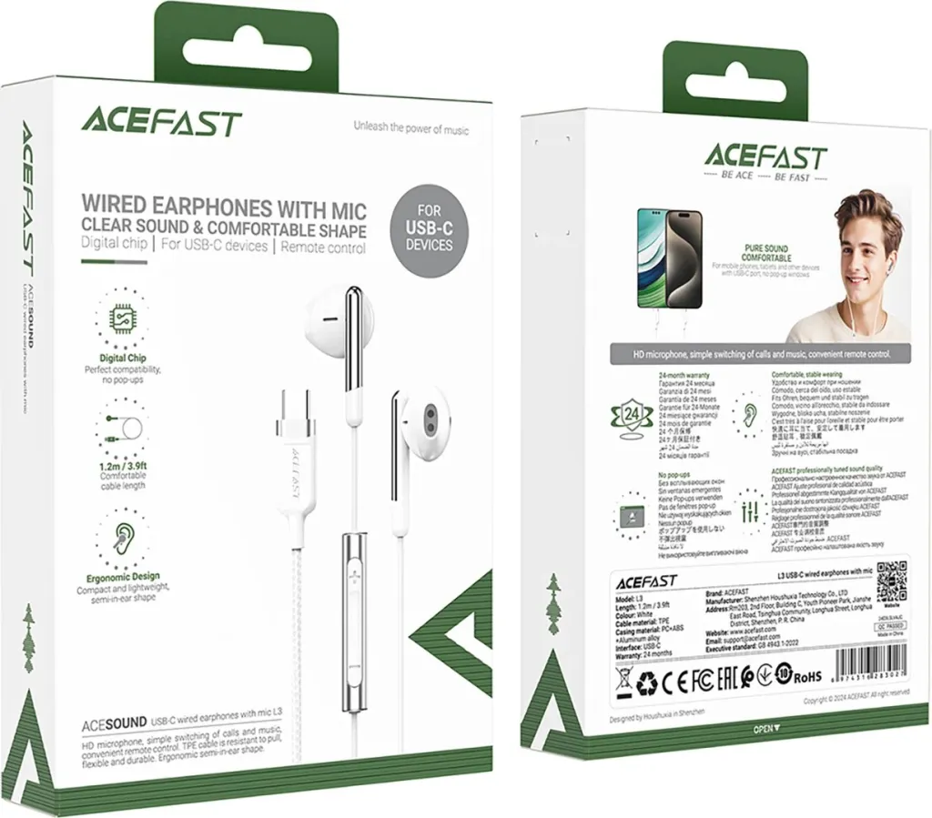 Kufje Acefast L3 me mikrofon, USB-C, të bardha - 5