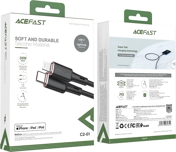 Kabllo Acefast C2-01, USB Type-C në Lightning, 1.2m, 30W, e zezë - 4
