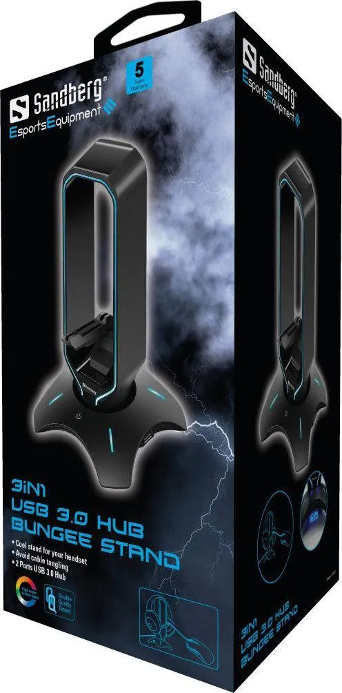 Mbajtëse për kufje Sandberg Bungee, RGB, plastike, e zezë - 2