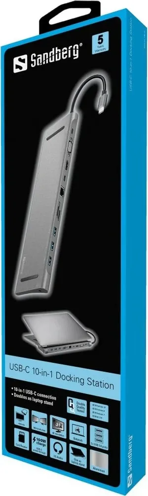 Docking Station Sandberg USB-C 10-in-1, Wired, USB 3.2 Gen 1, 100 W, Aluminium - 3